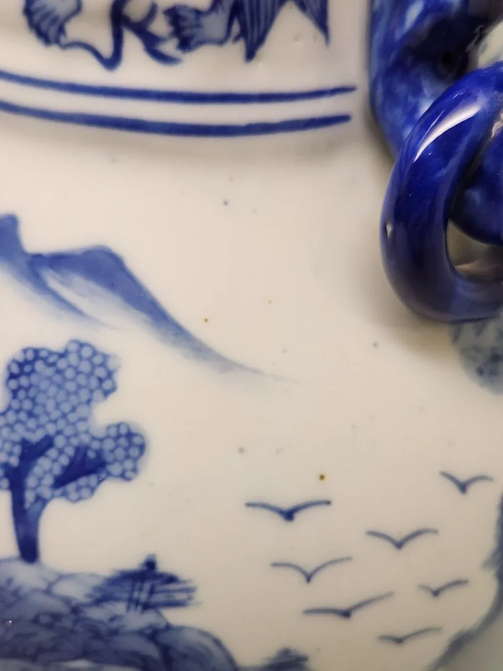 Chinese Blue and White Two Handled Vase / Hand Painted / 9 Inches Tall